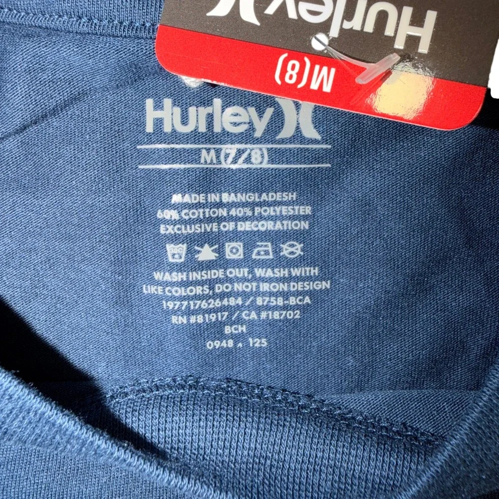 Hurley Boys Navy Blue Short Sleeve Graphic Tee Shirt Size M 7/8 8758-BCA